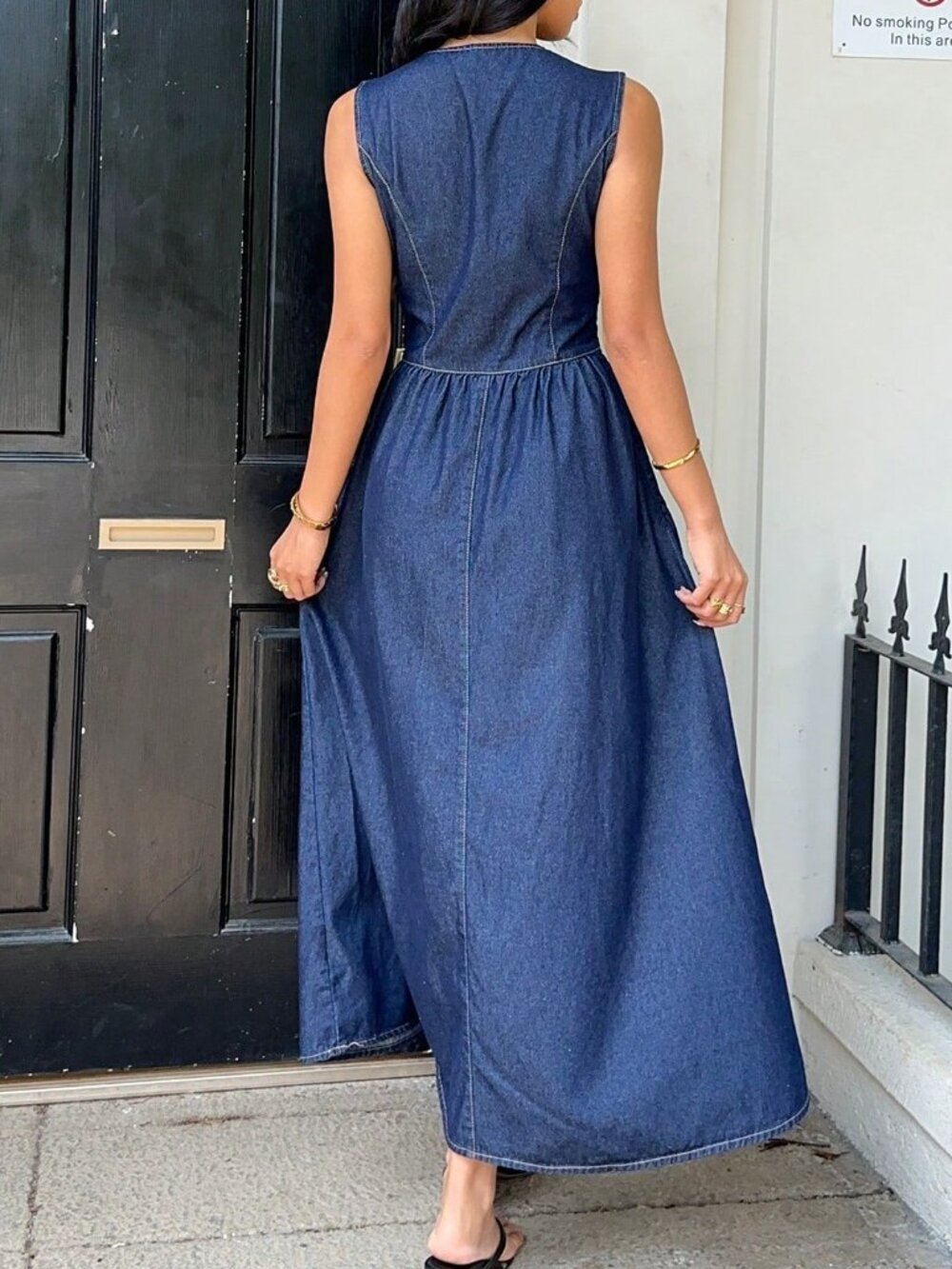 Blue Casual Women's Deep V Neck Sleeveless Denim Wrap Dress - Picture 2 of 8